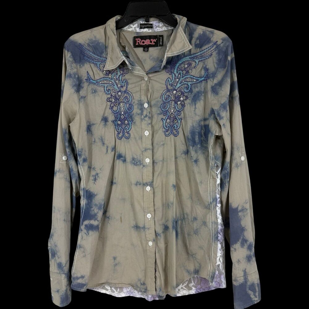 Roar Signature XL Tie Dye Embroidered Rhinestone Lace Western Button Shirt
